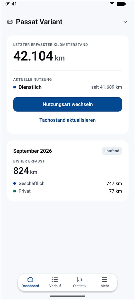 Das MileEntry-Dashboard: letzter erfasster Kilometerstand 42.104 km, aktuelle Nutzung Dienstlich seit 41.689 km, September 2026 mit 824 km, davon 747 km geschäftlich und 77 km privat.